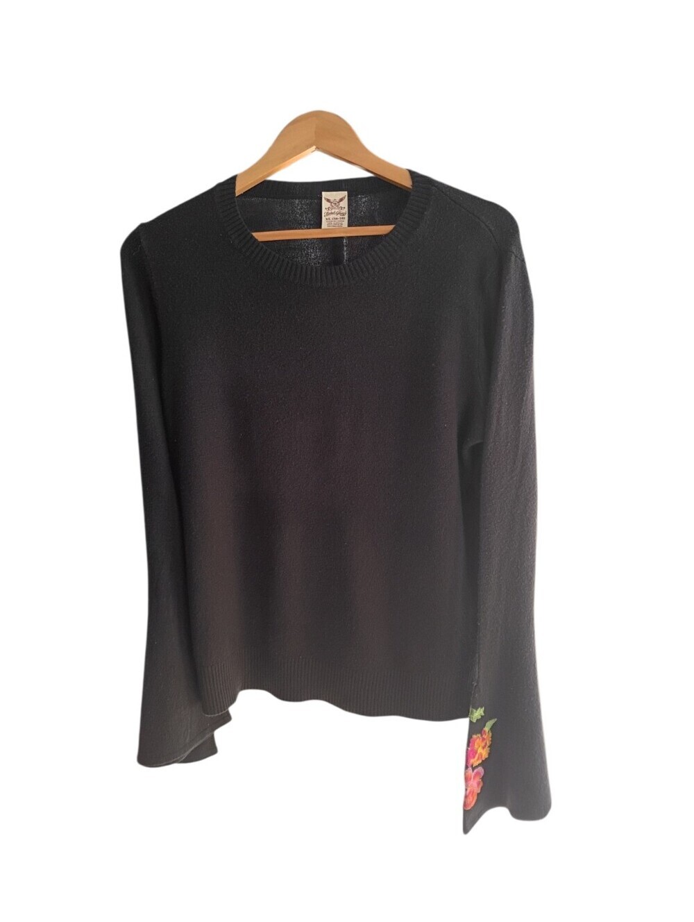 Faded Glory black knit sweater with embroidered floral bell sleeves size XL